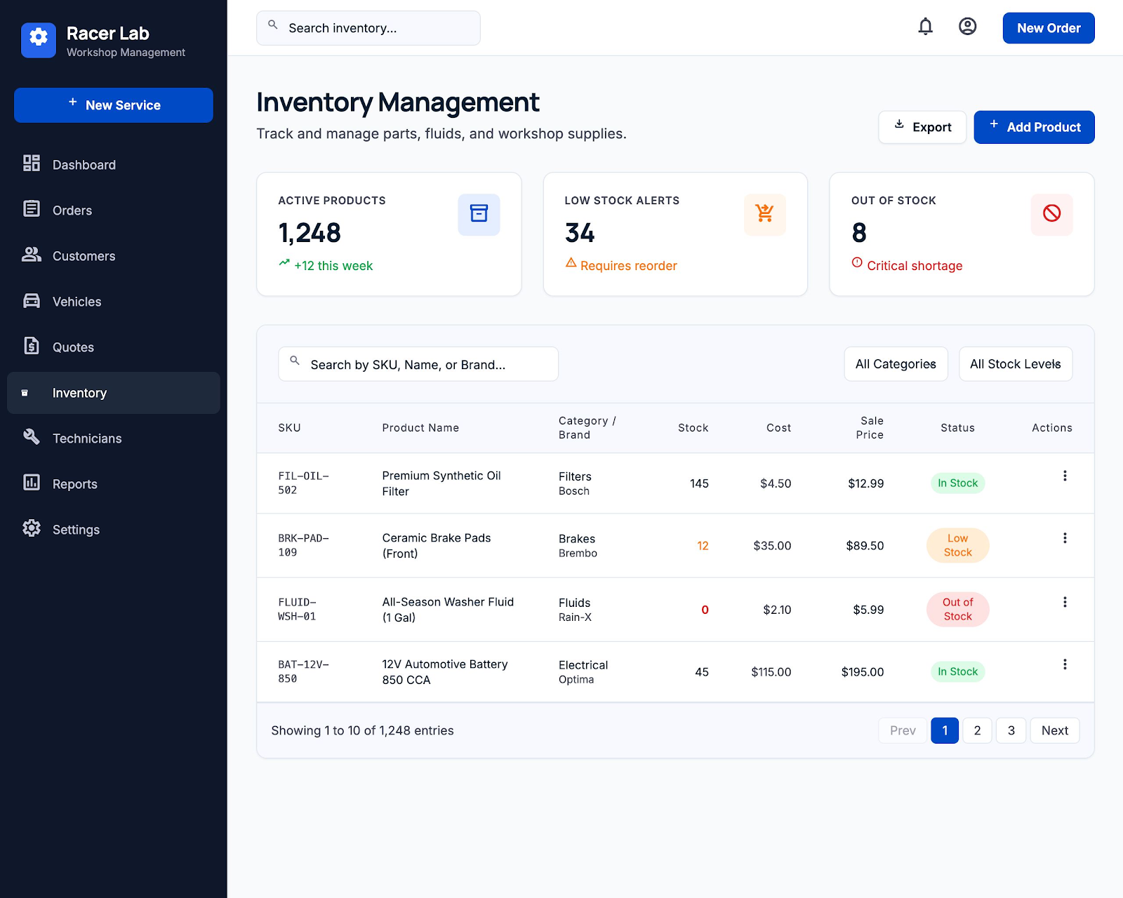 RacerLab inventory management interface